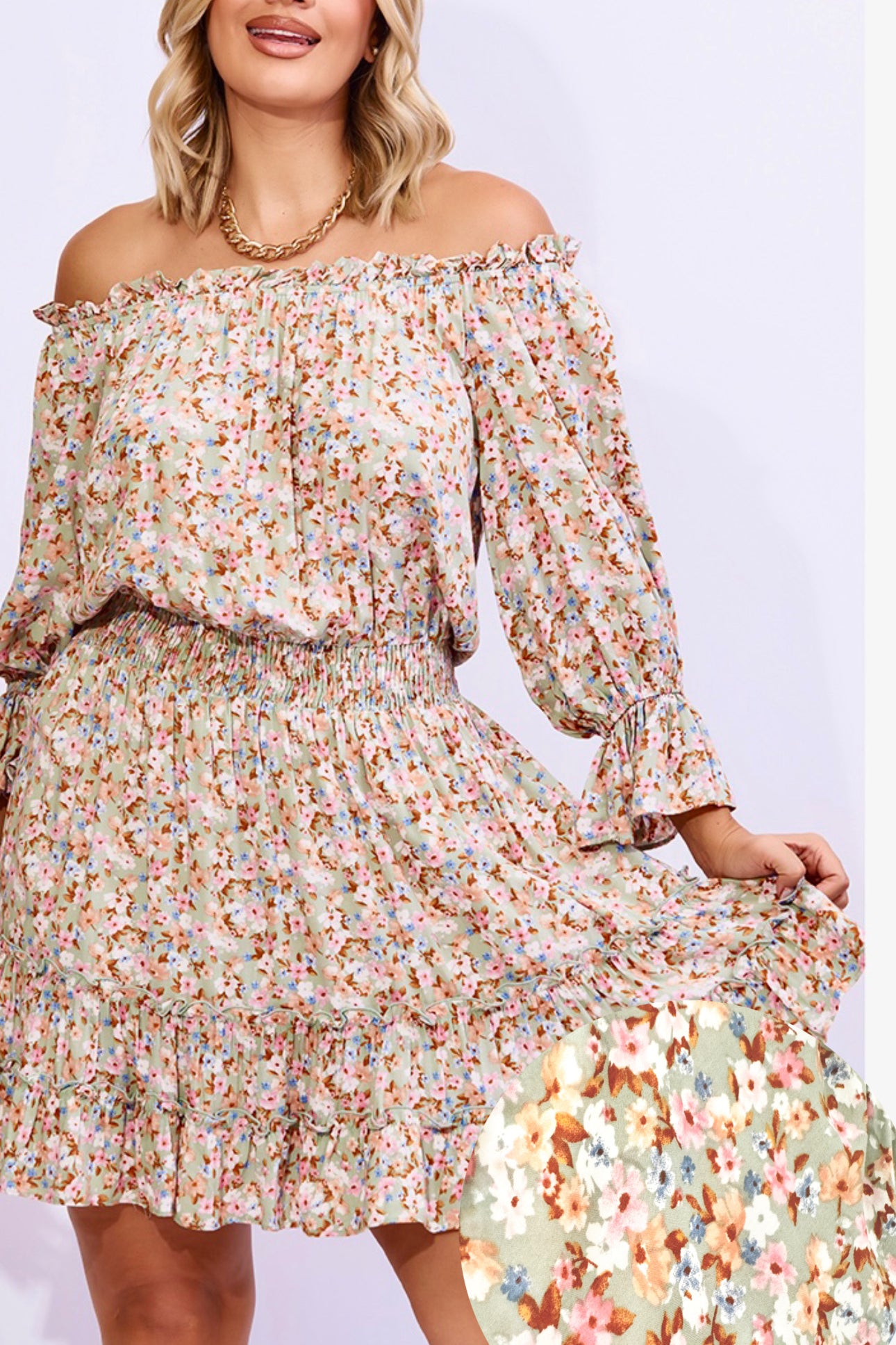 Vestido corto estampado Off Shoulder
