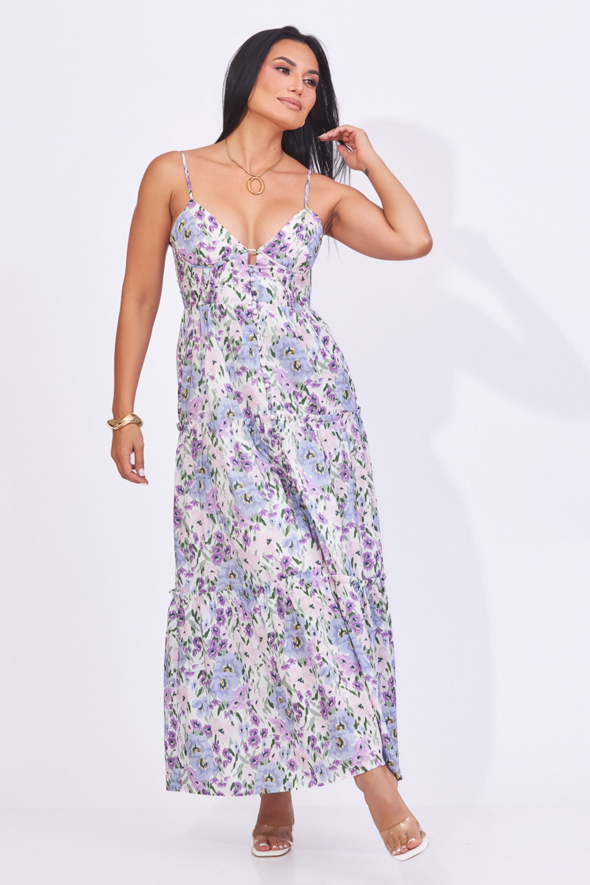 Vestido largo floreado en color lila