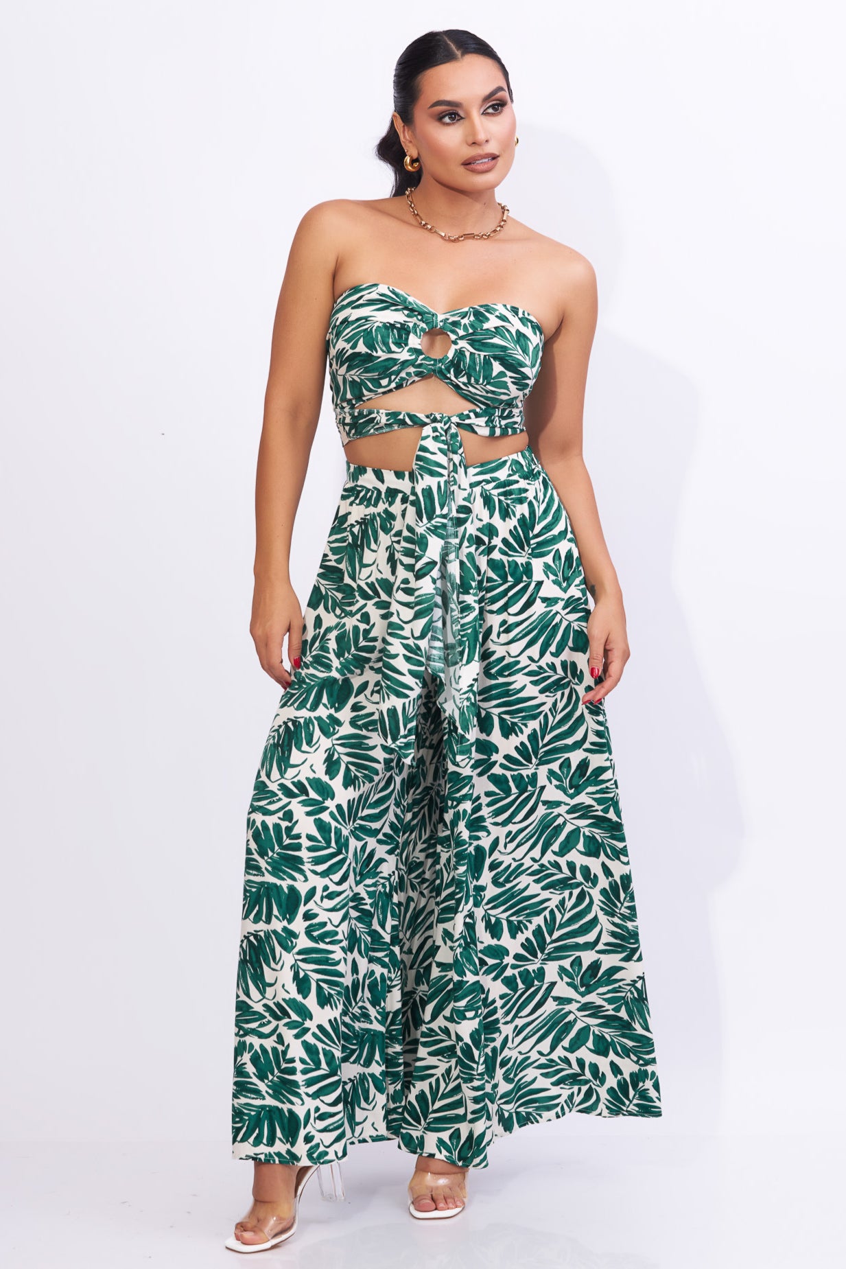 Set de palazo y top estampado de hojas