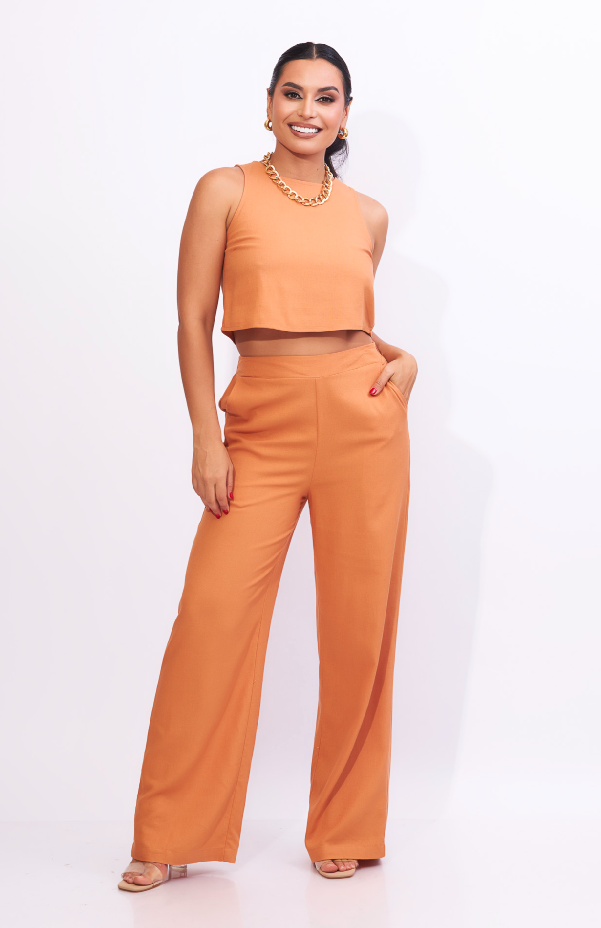 Set de pantalón con top en color durazno