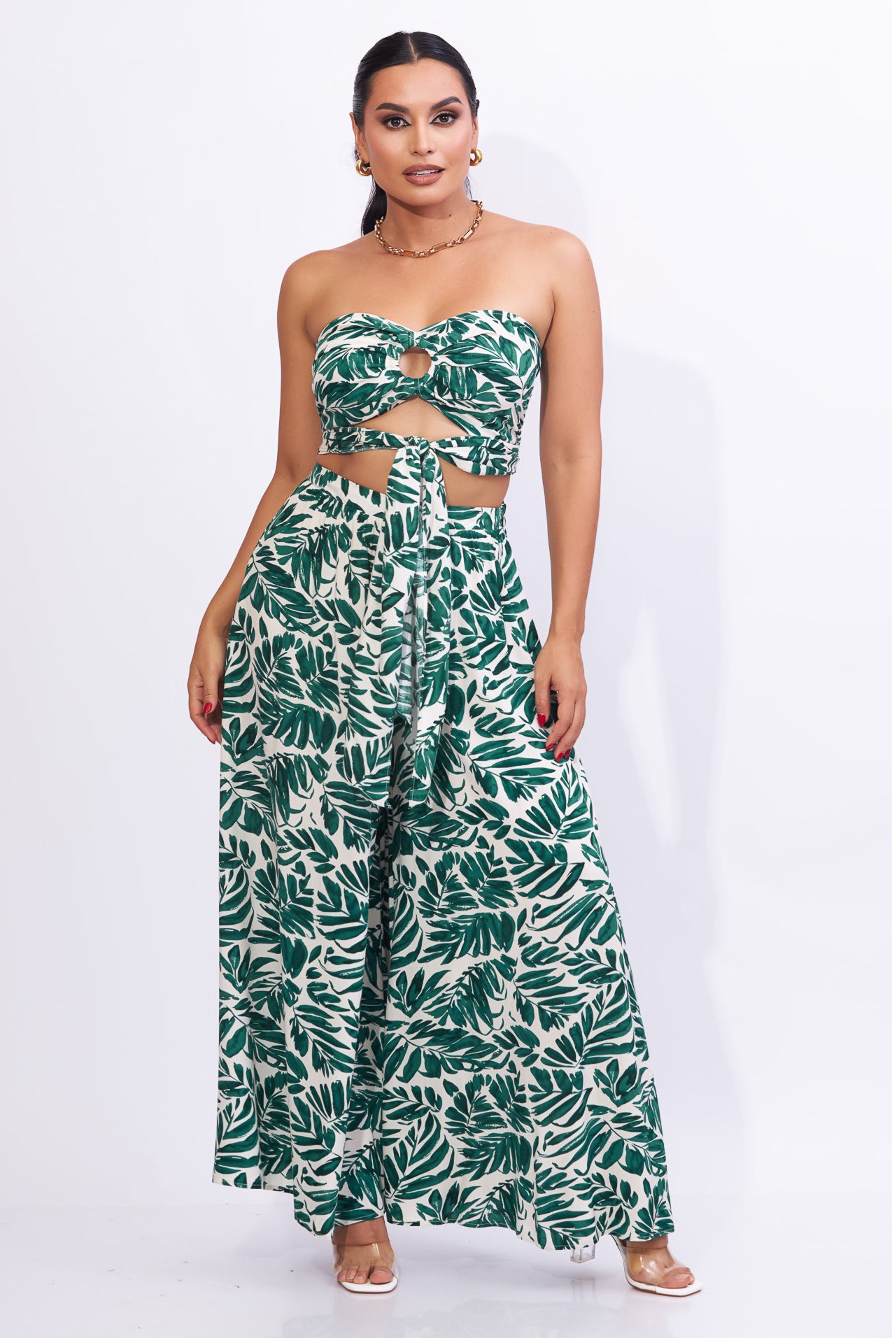 Set de palazo y top estampado de hojas