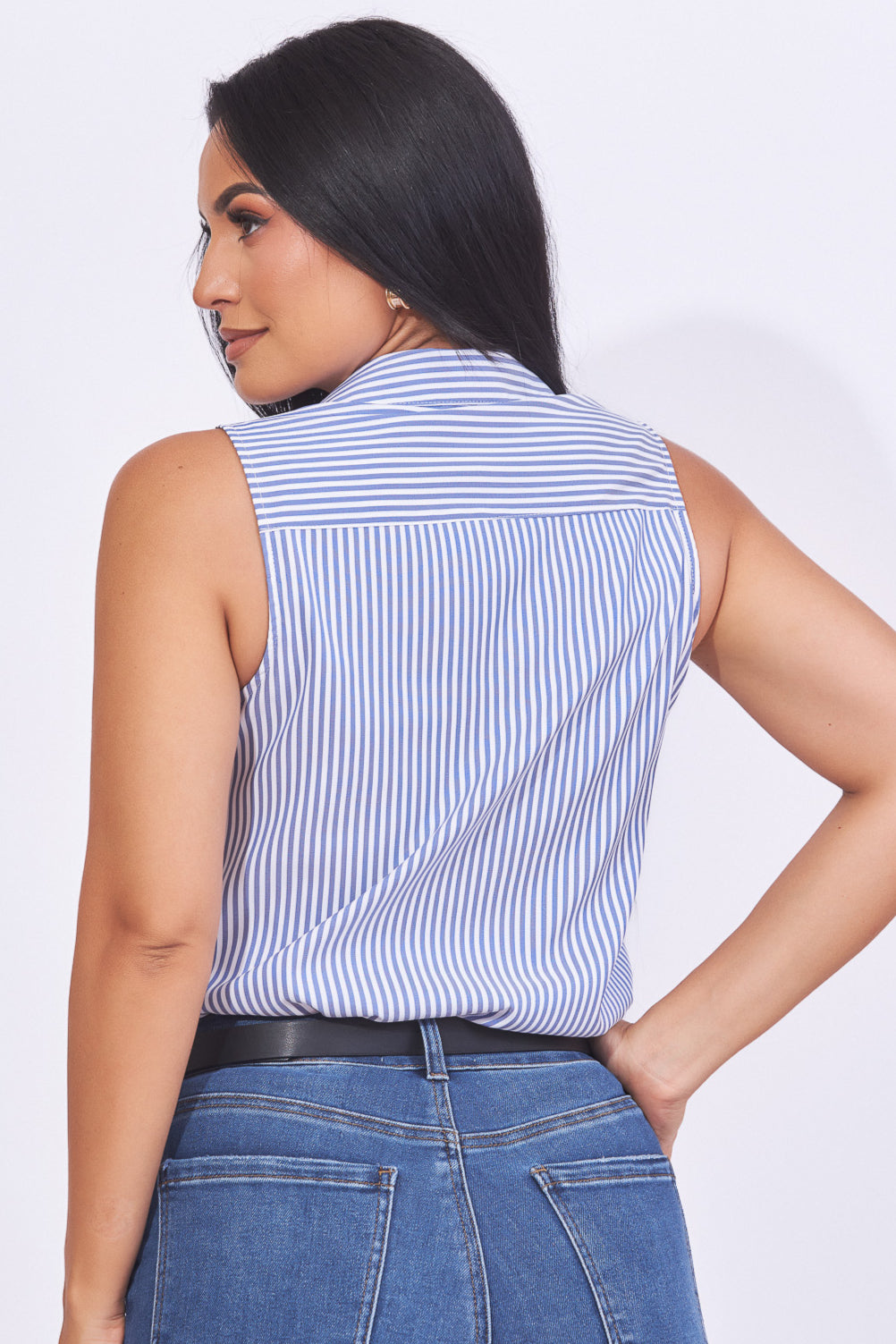 Blusa camisera sin mangas rayas celeste
