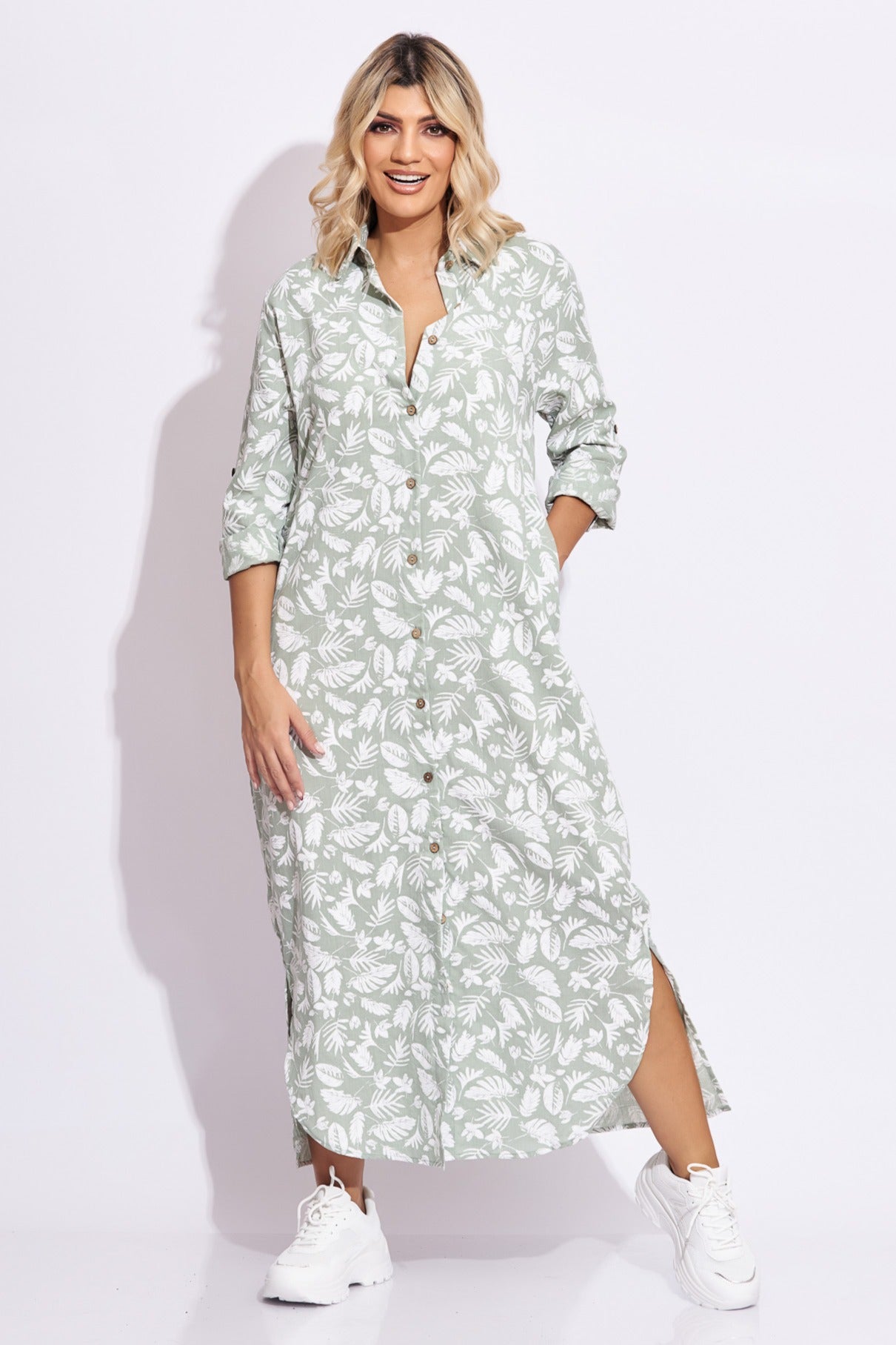 Maxi vestido camisero estampado verde claro