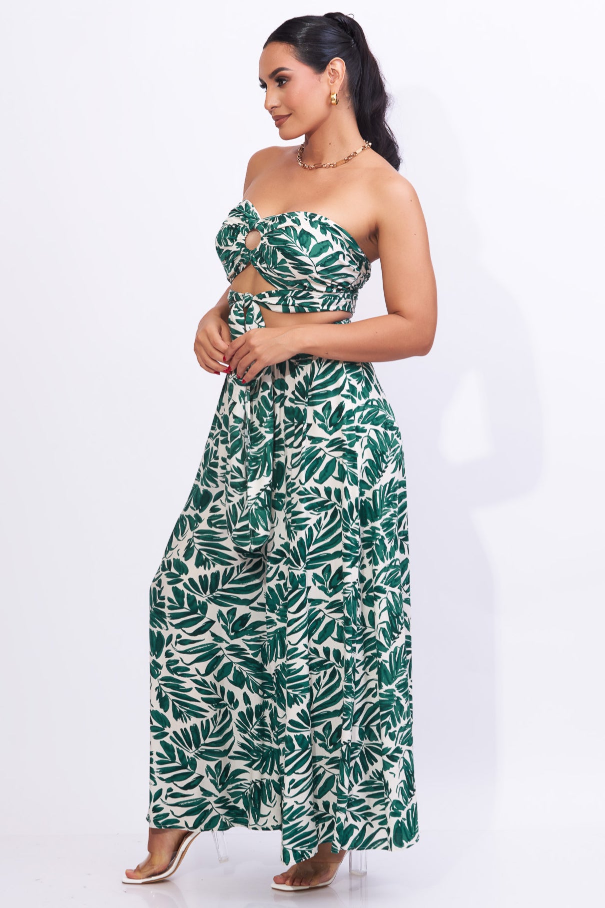 Set de palazo y top estampado de hojas