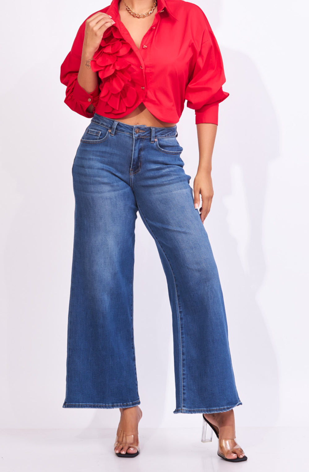 Jeans azul en tela stretch talle alto