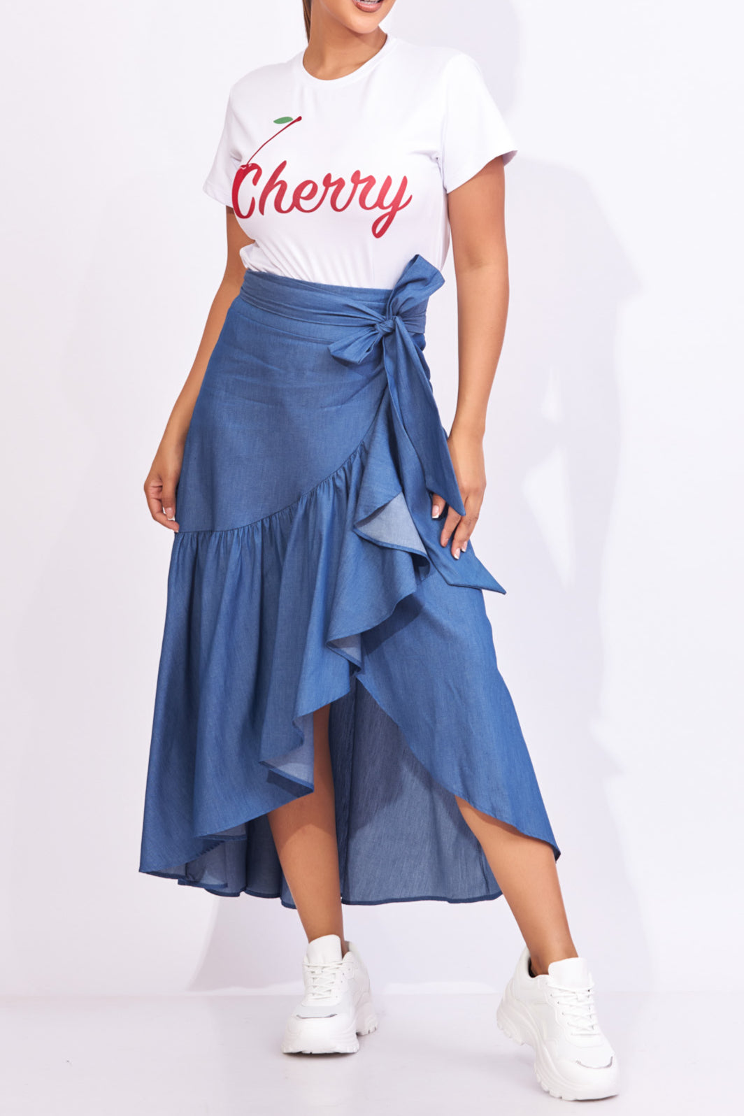 Falda en mezclilla suave color azul drapeada