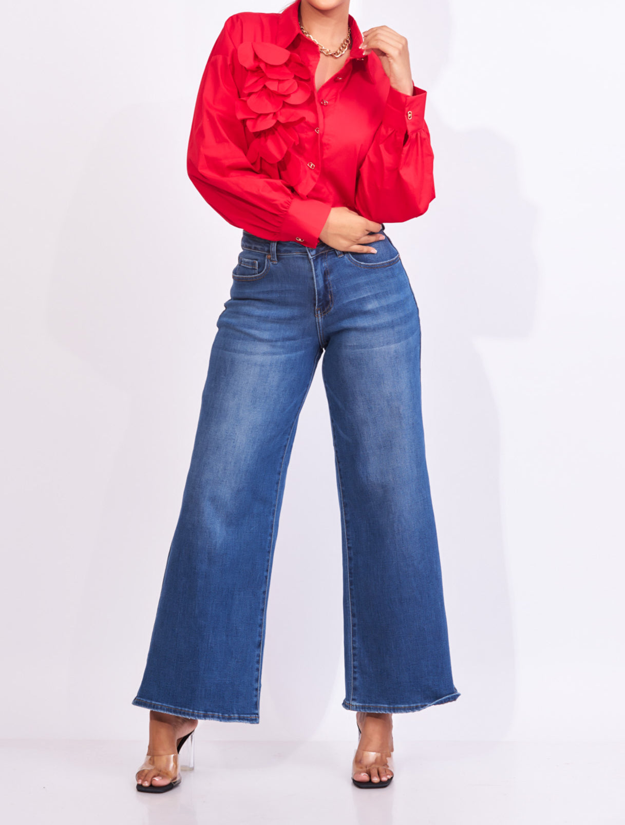 Jeans azul en tela stretch talle alto