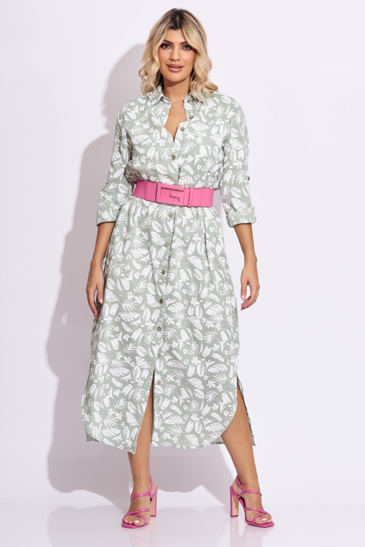 Maxi vestido camisero estampado verde claro